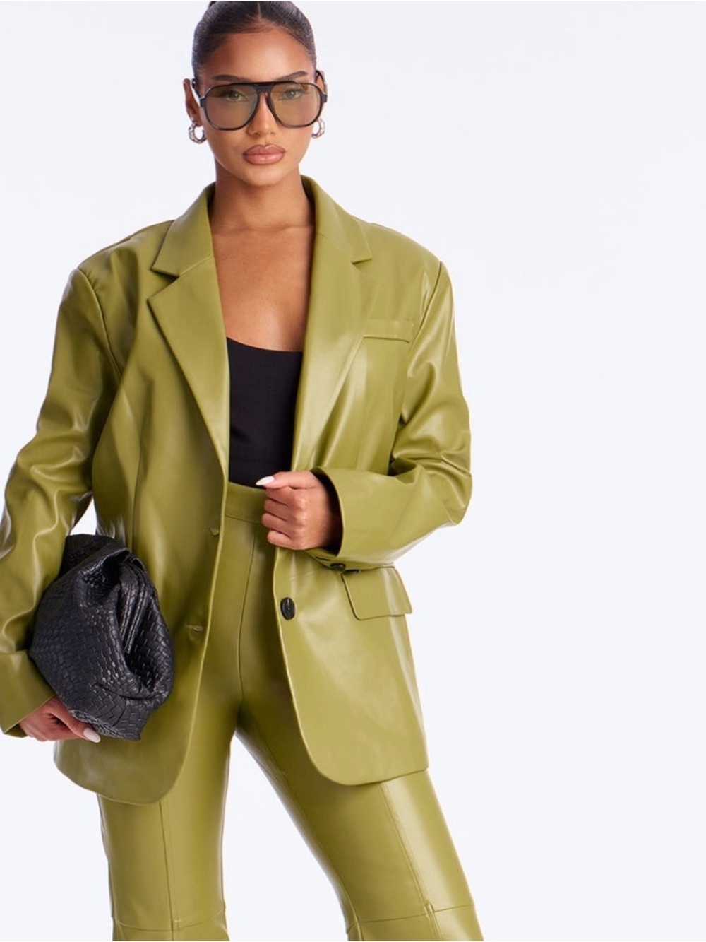 Fashion Nova Olive Green Faux Leather Flare Pants